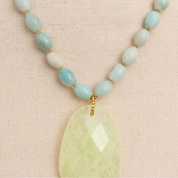 Seafoam jade green color beaded necklace large faceted stone pendant by George - Picture 10 of 13